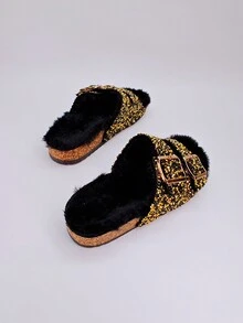 roulvxiang New Arrival Double Buckle Diamond Glitter Slides Pink Fashion Flat Slippers Women's Flat Sandals For Casual, Home, Street, Travel - Black - View 4