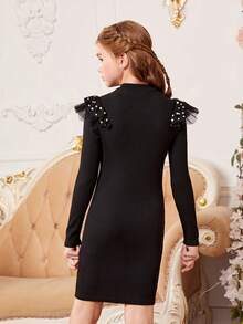 Cô gái Tween 1 Miếng Ngọc trai đính cườm Lưới Viền Ruffle Cổ giả Đầm Không có thắt lưng - màu đen - Xem 2