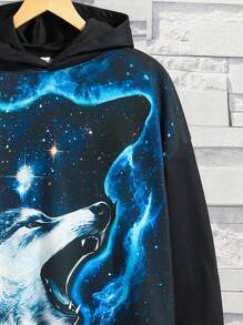 SHEIN 青少年男孩狼印花落肩卫衣 - 黑色 - 查看 3