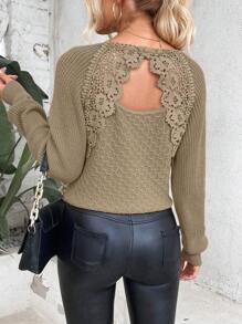 SHEIN LUNE 女士花邊拼接菱形袖套,圓袖毛衣 - 駝色 - 查看 1