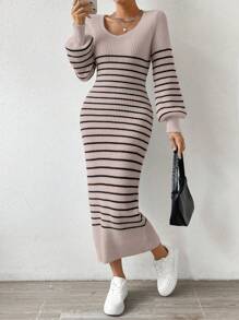 SHEIN Essnce 女用條紋燈籠袖長毛衣洋裝 - 藕粉色 - 查看 6