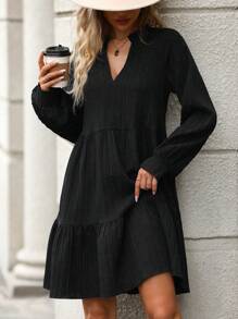 SHEIN Clasi Solid Loose Fit V-neck Long Sleeve Dress - Black - View 5