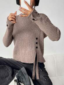 SHEIN Unity Sweater With Drop Shoulder And Button Details Knit Pullover Fall Winter Sweater - Coffee Brown - View 3