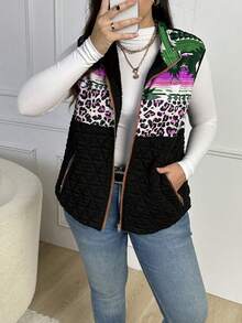 EMERY ROSE 大码豹纹印花和热带印花加垫背心羽绒夹克 - 紫色 - 查看 5