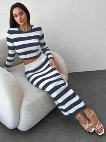 EURMUSE Women's Striped Sweater + Mid Length Skirt Two Piece Set - Multicolor - View 3