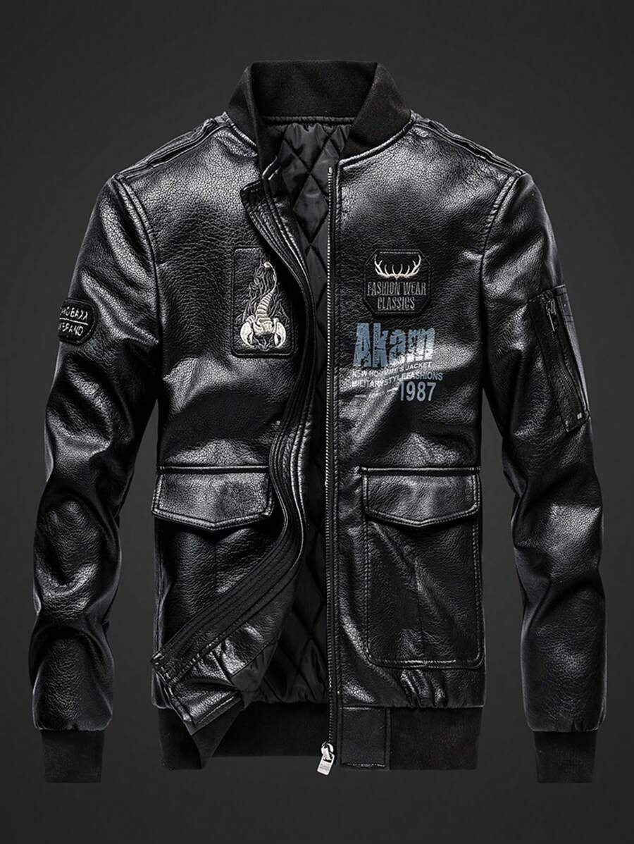 Áo khoác nam có khóa kéo phía trước có đệm với họa tiết in chữ - màu đen - Xem 1