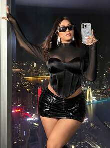 SHEIN ICON Plus尺碼對比網眼高領不對稱蕾絲上衣 - 黑色 - 查看 4