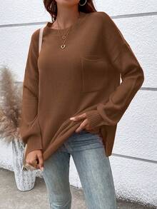 女士休闲圆领套头衫纯色落肩贴袋毛衣，长袖上衣 - 棕色 - 查看 6