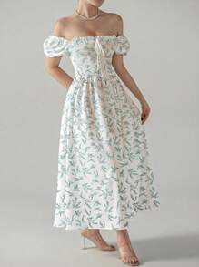 SHEIN VCAY Ditsy Floral Print Puff Sleeve Smock Dress - Cadet Blue - View 5