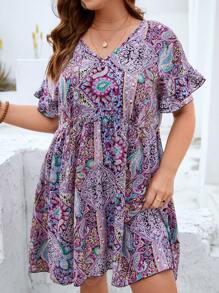 SHEIN Clasi Plus Paisley Print Flounce Sleeve Dress - Multicolor - View 5