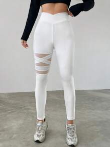 SHEIN EZwear 女士网眼撞色紧身裤 - 白色 - 查看 4