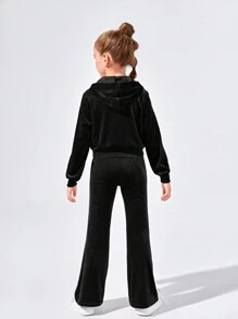 SHEIN 女大童水鑽字母和蝴蝶樣式連帽絲絨夾克&吊帶上衣&喇叭褲 - 黑色 - 查看 2