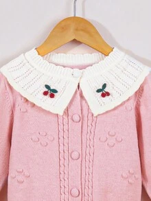 Baby Girls' Cherry Patterned Button Front Cardigan With Contrast Collar - Pink - View 3