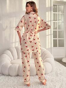 女性櫻桃印花睡衣套裝 - 米色 - 查看 2