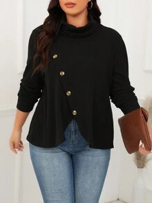 SHEIN LUNE 大尺碼長袖 T 卹,正面紐帶和立領 - 黑色 - 查看 5