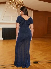 seomiscky 高雅大尺碼閃亮3d花朵裝飾正式晚禮服 - 藍色 - 查看 2