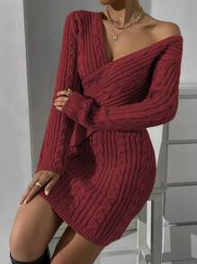 Chiquease 女款交叉領毛衣修身連身裙