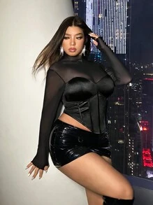 SHEIN ICON Plus尺碼對比網眼高領不對稱蕾絲上衣 - 黑色 - 查看 3