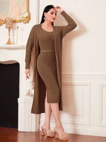 Modelyn 2pcs Cable-knit Cardigan And Solid Color Sweater Dress - Brown - View 1