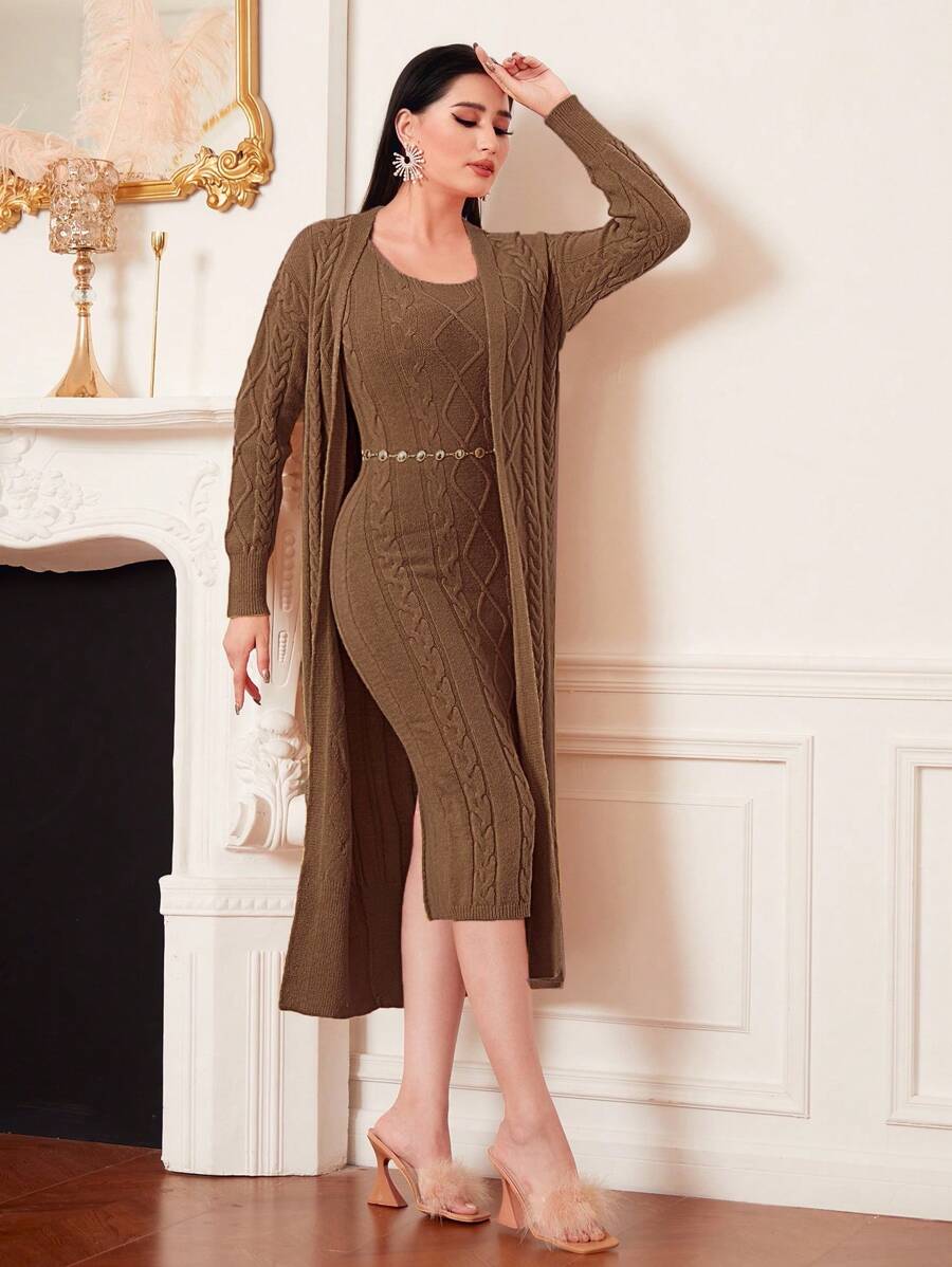 Modelyn 2pcs Cable-knit Cardigan And Solid Color Sweater Dress - Brown - View 1