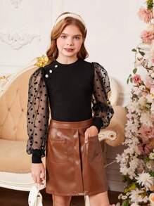 Cô gái Tween Dệt kim Vá lại Ống tay áo Áo Và Dệt Chất rắn chất liệu da PU Váy chữ A Bộ - màu đen - Xem 1