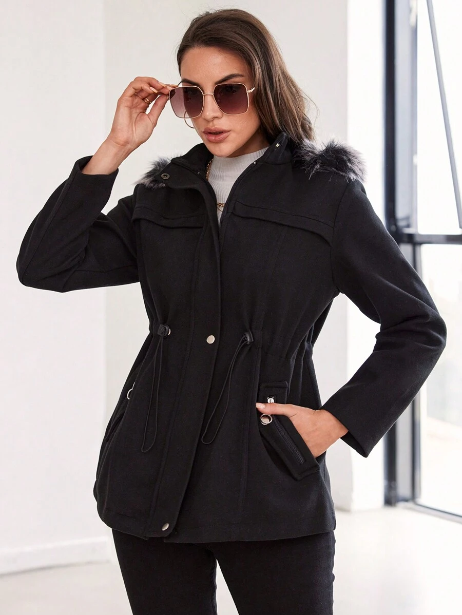 RueChic Drawstring Waist Fuzzy Trim Hooded Overcoat - Black - View 1