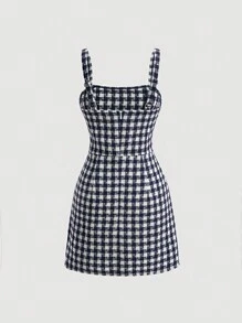 SHEIN MOD In kẻ sọc Đèn treo tường Viền chia cắt Váy Dây - Xanh đậm - Xem 2