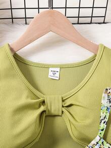 Girls' Knot Detail Knit Top And All Over Print Cami Dress Set - Olive Green - View 3