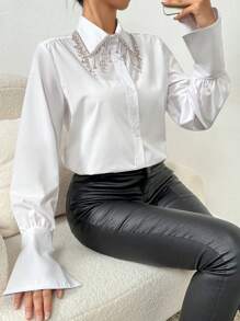 SHEIN Privé Women's Rhinestone Decor Fringed Lantern Sleeve Shirt - White - View 7
