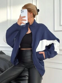 EURMUSE Ladies' Contrast Color Zipper Hoodie - Navy Blue - View 4