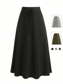 Flirla Plus Size Solid Color Ribbon Detail Skirt - Black - View 1