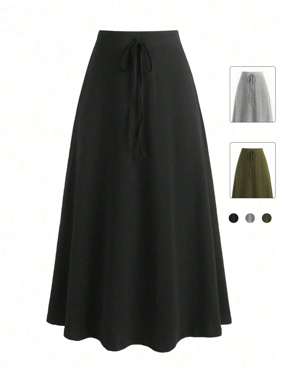Flirla Plus Size Solid Color Ribbon Detail Skirt - Black - View 1