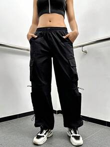 Đường phố Bầu không khí Chất rắn Flap túi Eo dây rút Lỏng lẻo quần ống rộng Quần nhảy dù Cargo - màu đen - Xem 4