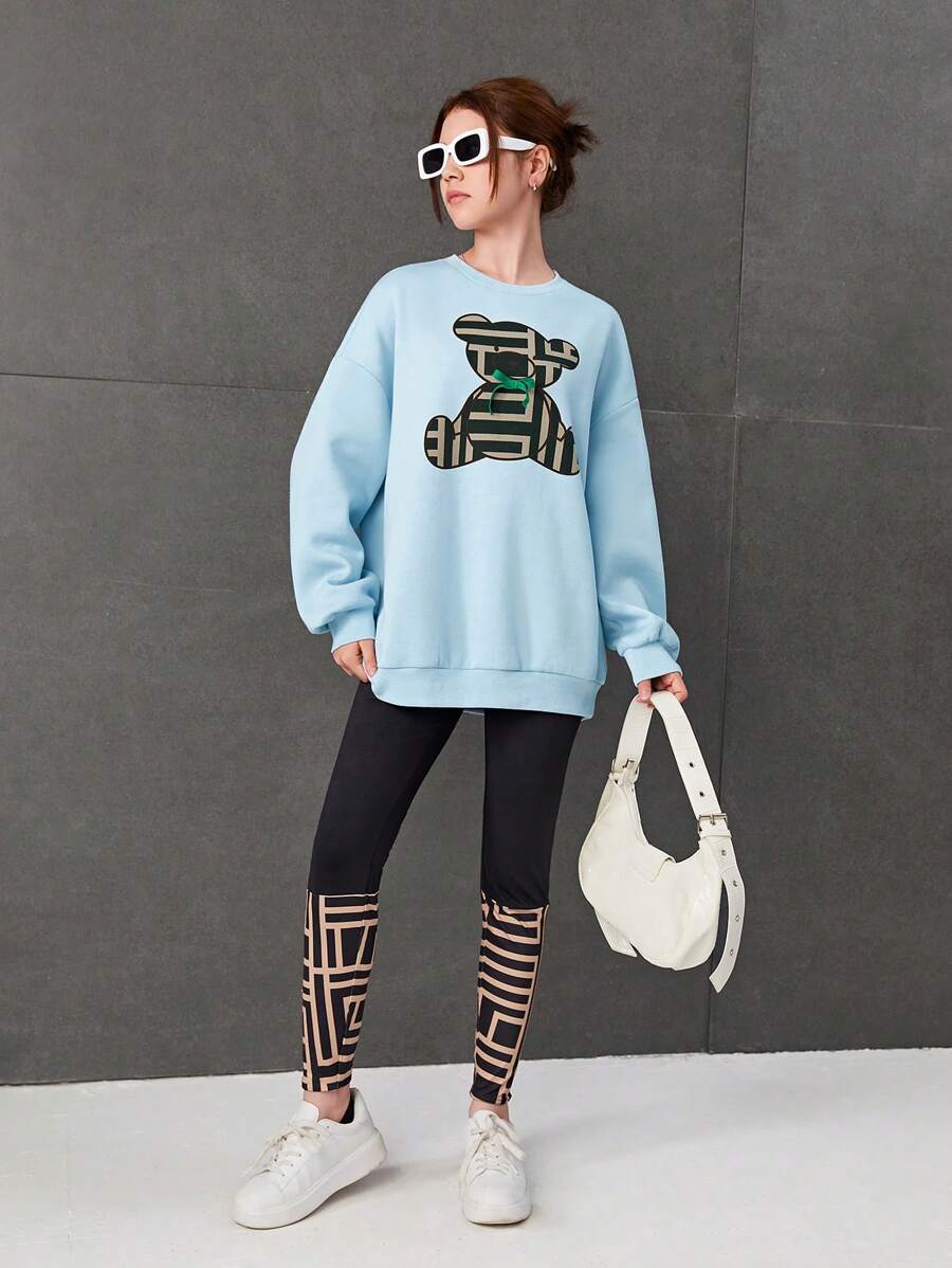 SHEIN 少女熊圖案蝴蝶結細節下垂肩保暖套衫和緊身褲 - 淺藍色 - 查看 1