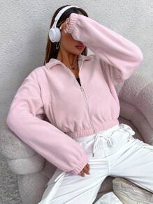 SHEIN Unity 拉鍊開襟落肩短版毛絨衫 - 粉色 - 查看 1