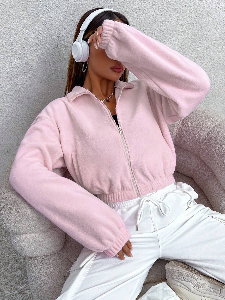 SHEIN Unity 拉鍊開襟落肩短版毛絨衫 - 粉色 - 查看 1