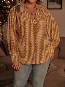 SHEIN LUNE All-over Printed V-neck Plus Size Shirt - Orange - View 6