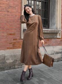 Dazy Star 撞色小高領燈籠袖連身裙 - 咖啡棕 - 查看 1