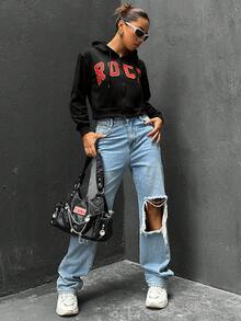 SHEIN Unity 女款信封印花帶束口設計連帽衫 - 黑色 - 查看 6