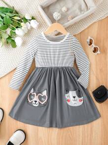 SHEIN 小女孩條紋卡通印花拼布洋裝 - 彩色 - 查看 1