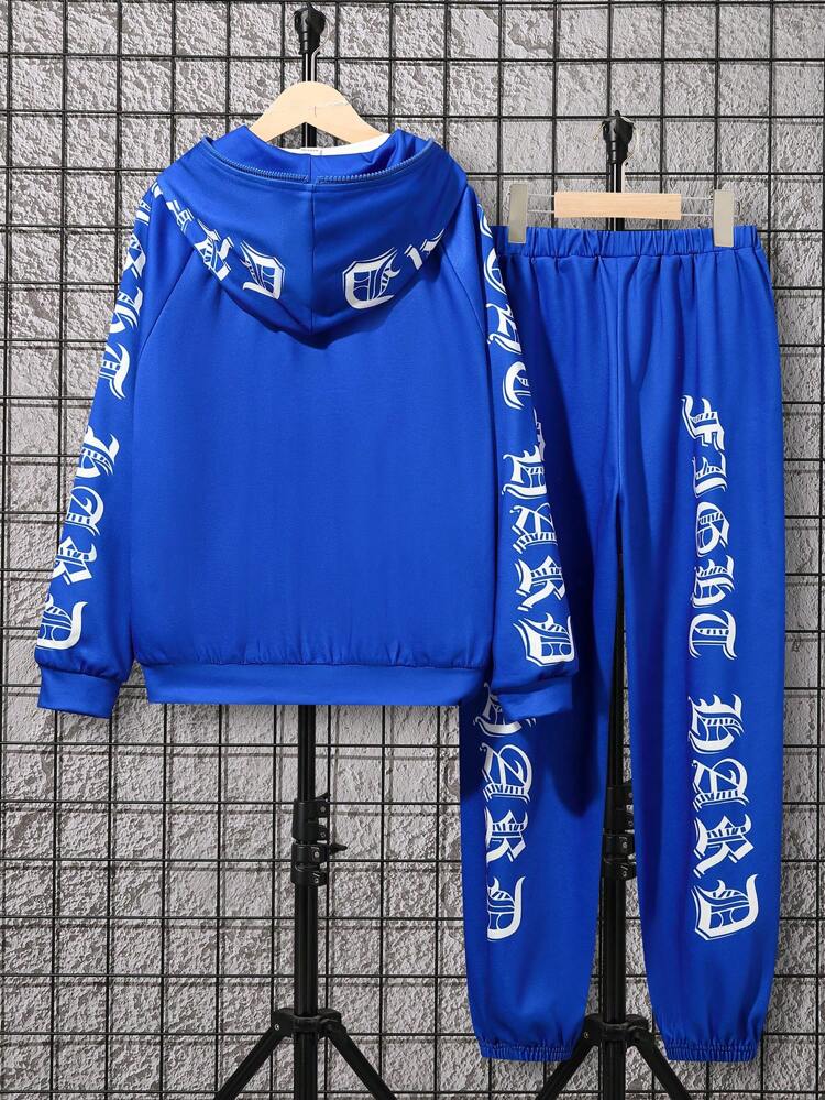 Tween Boy Letter Graphic Zip Up Hooded Jacket & Tee & Sweatpants