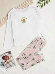 Conjunto de pijama con estampado de aguacate para niñas preadolescentes - Blanco - Ver 1