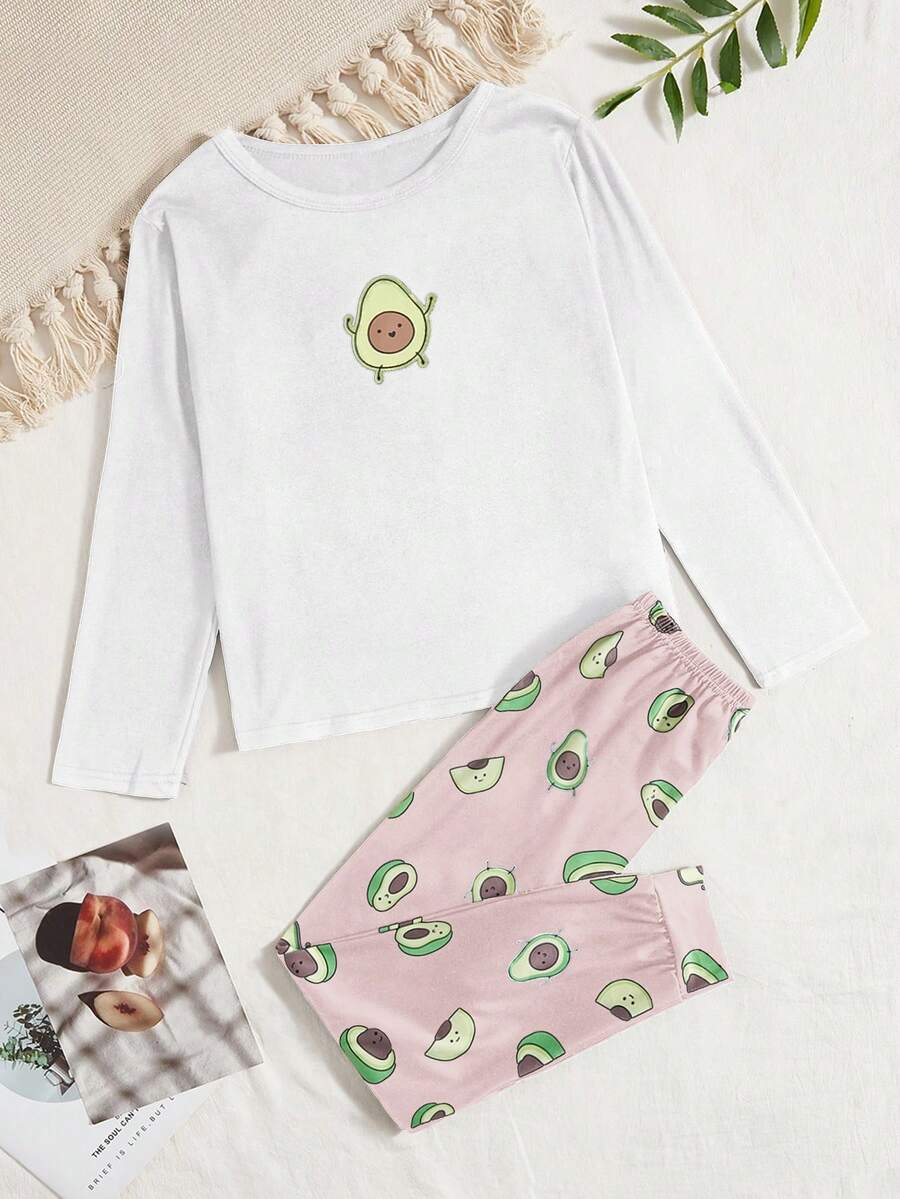 Conjunto de pijama con estampado de aguacate para niñas preadolescentes - Blanco - Ver 1