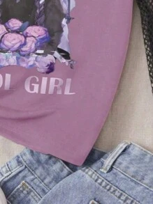 SHEIN 女大童人物和字母圖案拼接漁網袖假兩入組T恤 - 紫羅蘭色 - 查看 4