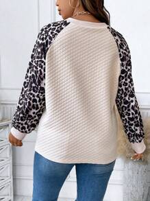 SHEIN LUNE 女士加大码豹纹插肩袖运动套头衫秋季卫衣 - 杏色 - 查看 2