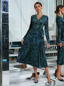 SHEIN BAE 女用斑馬條紋印花裹身連身裙,腰部繫帶 - 彩色 - 查看 3