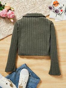 SHEIN 大女孩v領截短舒適麻坑布料休閒長袖綠色t卹