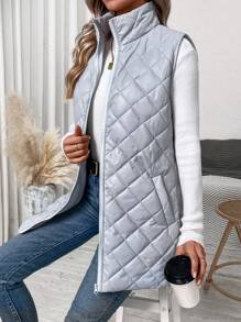 SHEIN Clasi Dây kéo áo có mũ Áo khoác vest quilted - Màu Xám nhạt - Xem 4