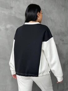 RueChic Plus Letter Graphic Two Tone Drop Shoulder Sweatshirt - Black and White - View 3