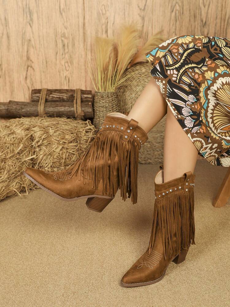 Fashionable Women's Chunky Heel Studded Tassel Mid-calf Boots